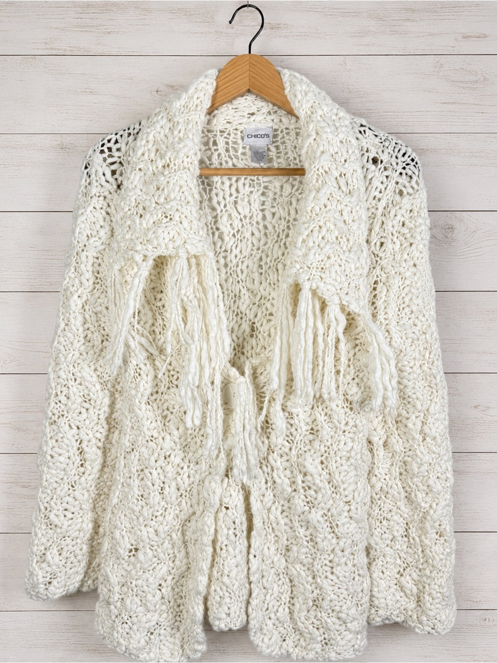 Chico's Super Soft Fringe Ivory Open-Front Cardigan Sweater M - Picture 2 of 7